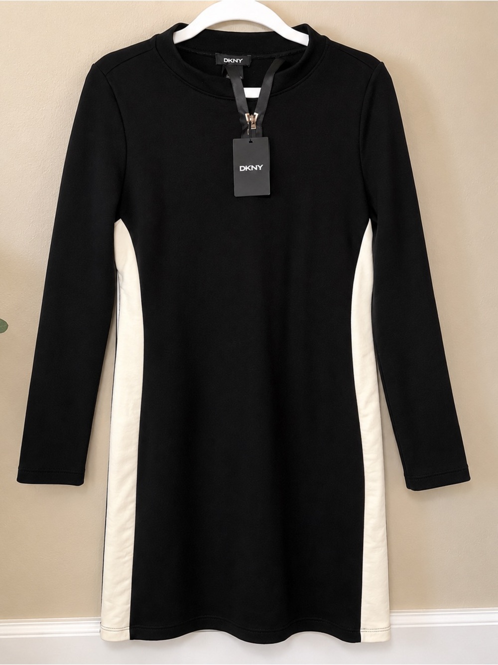 DKNY Black and Cream Long-Sleeve Ponte Sheath Dress
